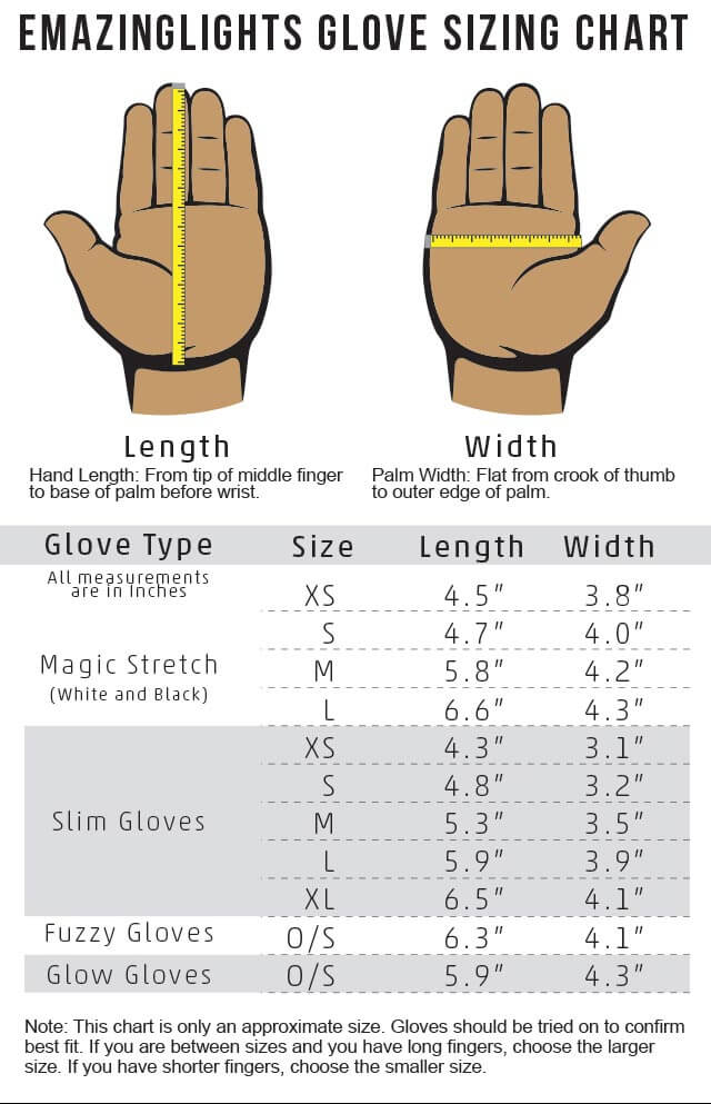 EmazingLights White Magic Stretch Gloves Size Chart